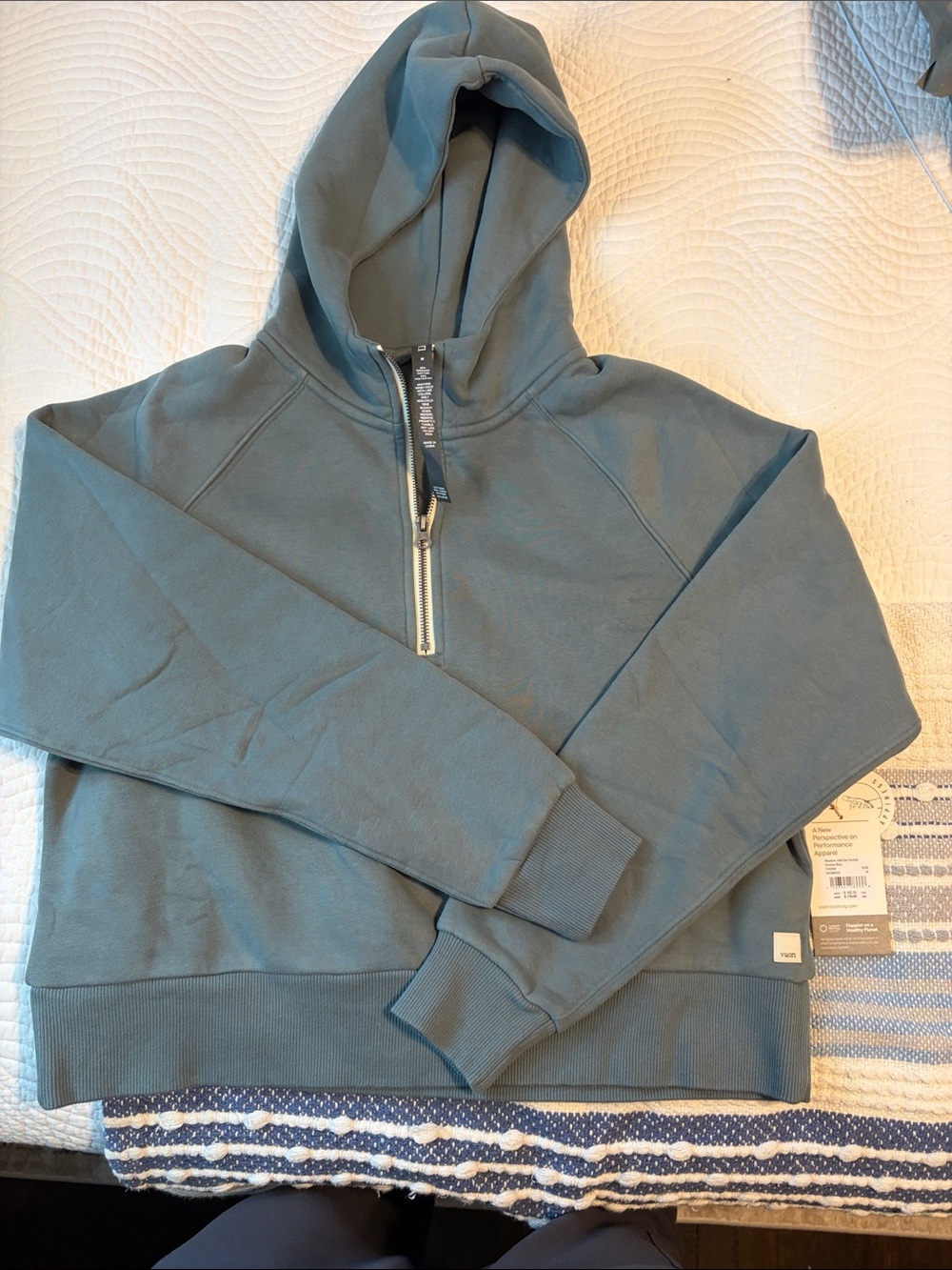 Vuori cropped half-zip hoodie in muted teal